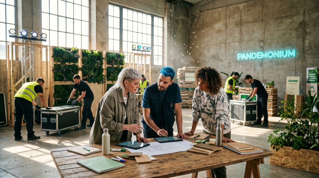 Tres profesionales de producción de eventos analizando planos digitales sobre una mesa de madera en un espacio ecológico e industrial con un neón de Pandemonium al fondo.