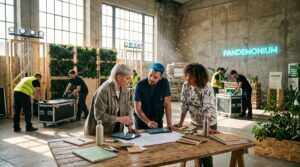 Tres profesionales de producción de eventos analizando planos digitales sobre una mesa de madera en un espacio ecológico e industrial con un neón de Pandemonium al fondo.