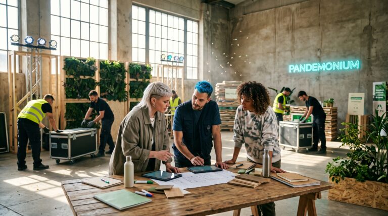 Tres profesionales de producción de eventos analizando planos digitales sobre una mesa de madera en un espacio ecológico e industrial con un neón de Pandemonium al fondo.